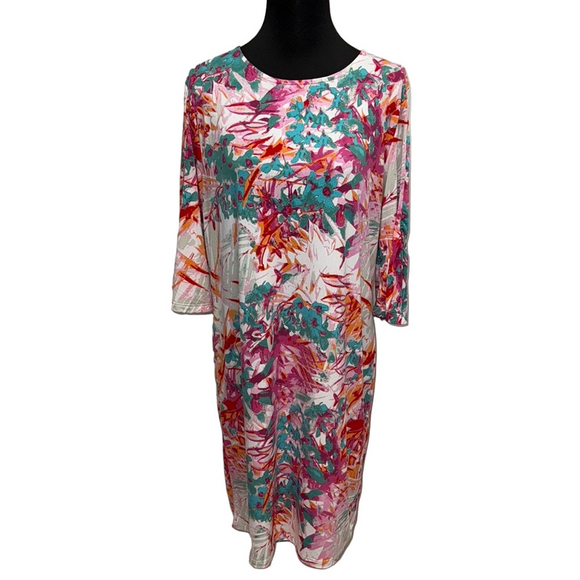 Alexandra + oak Elegant Pink and Blue Sheath Dress with Bell Sleeves - Picture 1 of 7